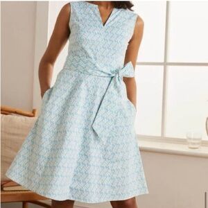 Boden Mischa Belted Dress Aqua Coral Print fit & flare pockets sz 16-18 r NWT